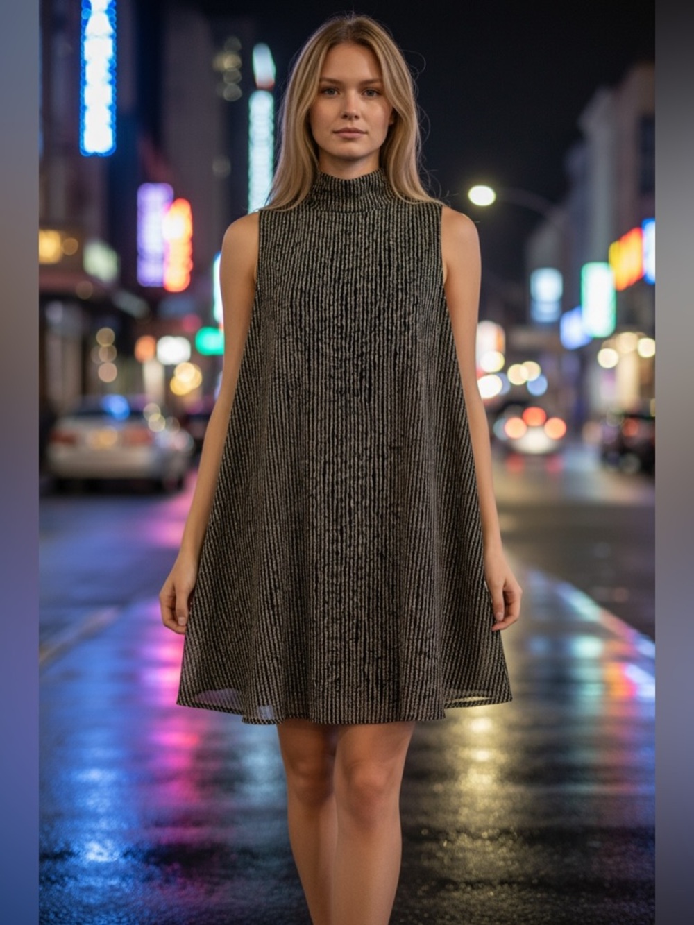 Final Touch Black Metallic-Striped Mock Neck Mini Dress Women’s Small